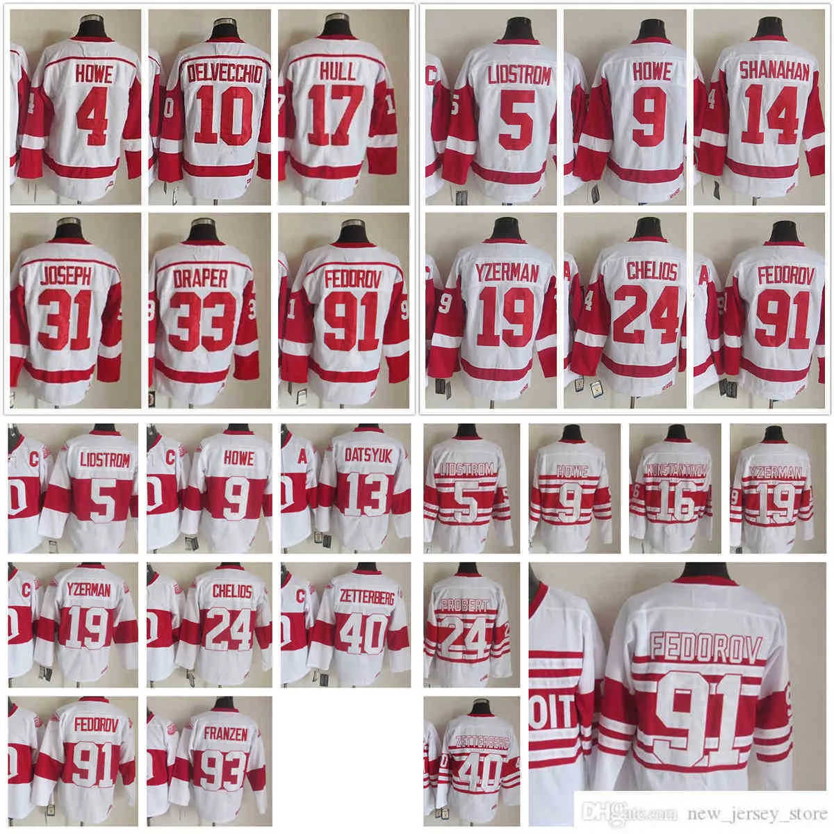 1926-1999 Film Retro CCM Hockey Jersey Broderie 9 Gordie Howe 4 Gordie Howe 5 Nicklas Lidstrom 10 Alex Delvecchio 24 Chris Chelios 14 Shanahan 19 Steve Yzerman