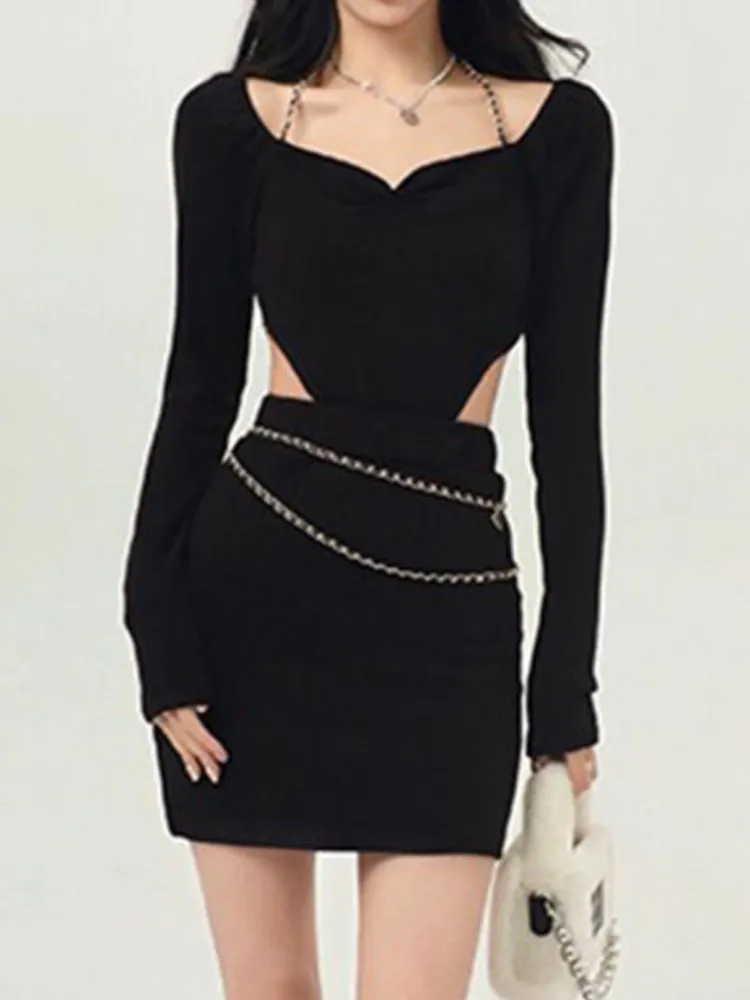 Casual Dresses Summer Backless Wrap Sexy Mini Women Hollow Out Hang Neck Chic Female Designer Elastic Skinny Fit Party 230208