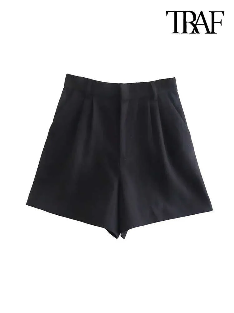 Women's Shorts TRAF Women Fashion Side Pockets Front Darted Bermuda Vintage High Waist Zipper Fly Female Short Pants Mujer Y2302