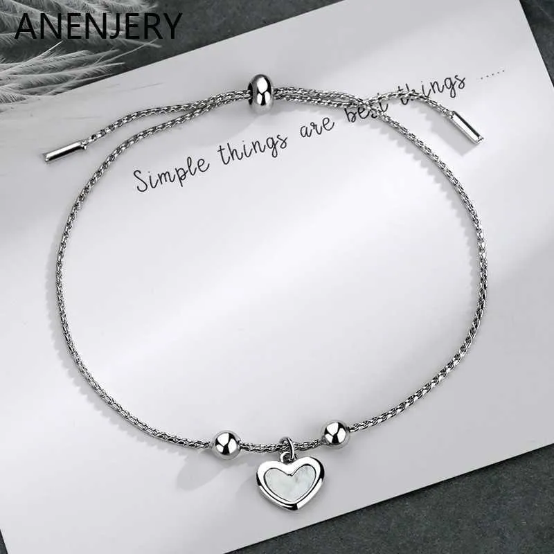 Link Chain ANENJERY Silver Color Retractable Chain Love Heart Shell Bracelet for Women Bead Bracelet Minimalist Jewelry Gift S-B444 G230208