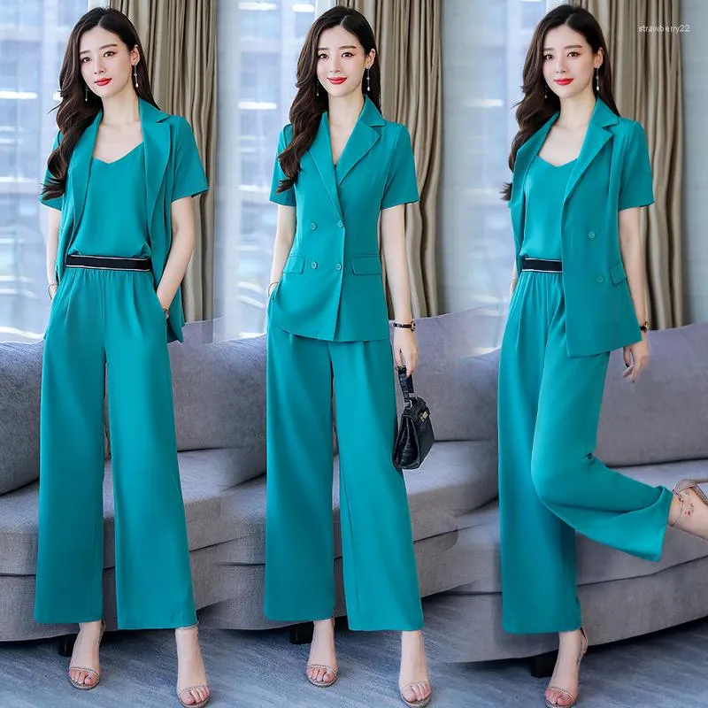 Women's Two Piece Pants 2023 Summer Women Three Pieces Suits Elegant Double Breased Blazer Suit Sets Ladies Short Sleeve Coat Trouser Tank