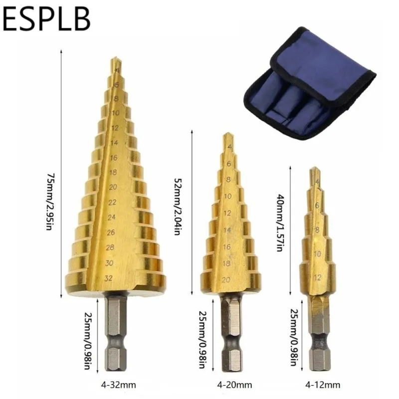 Professional Drill Bits 3pcs Step (4-12/4-20/4-32mm) HSS Steel Titanium Coated Straight Flute With 1/4 Hex Triangle Shank Centre Hole Cutter