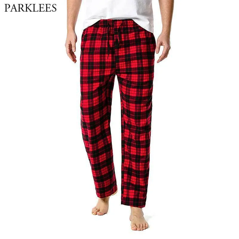 Mäns sömnkläder röd svart rutig pyjamasbyxor män som lovar avslappnad hus pjs sömnbottnar mens flanell bomullsdragsknapp Fly Sleepwear 230207
