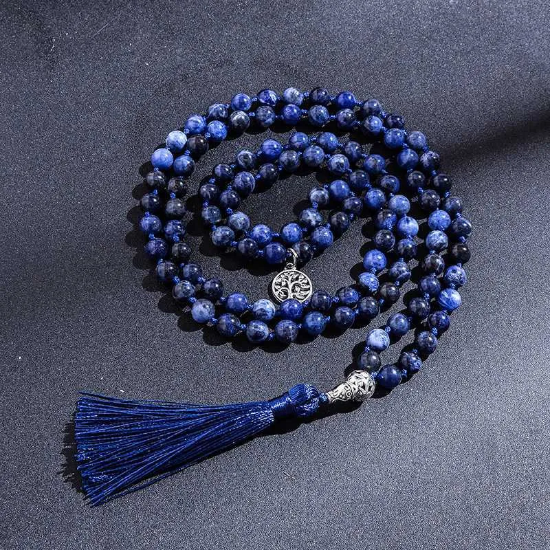 Pendentif Colliers 108 Mala Sodalite Naturelle Lapis Lazuli Noeud Perlé À La Main Méditation Yoga Anniversaire Grand Bouddha Tête Gland Long Collier G230206