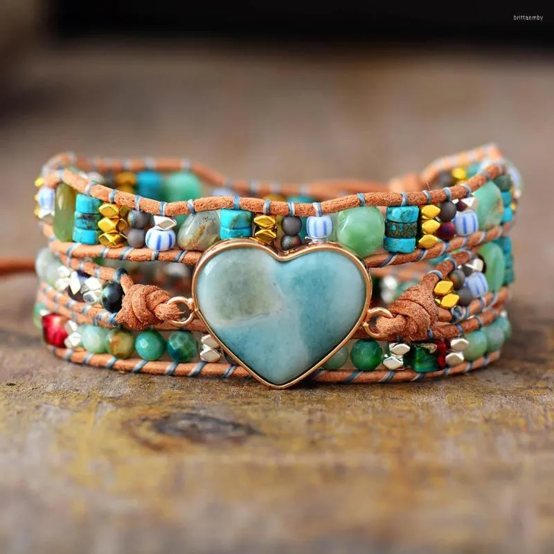 Strand Spiritual Heart Shape Amazonite Leather Wrap Armband w/ Mixe Stone Beads Armband Boho Classic Jewelry Bijoux Dropship