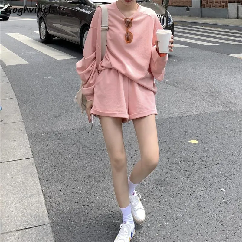 Women's Tracksuits Sets Women Summer Elegant Pink Solid Long Sleeve O-Neck Workout Shorts Casual Womens 2023 Fashion Loose Trendy Girls Fema