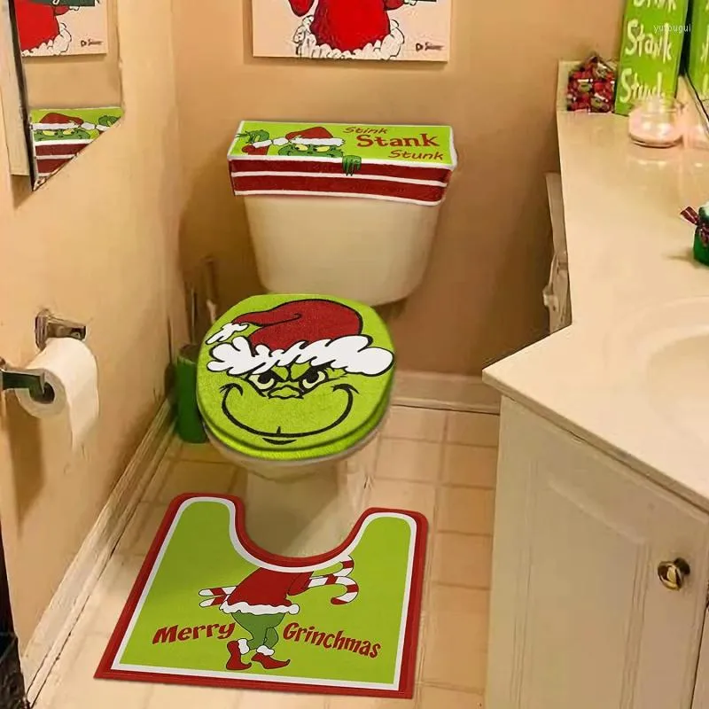 Coprisedili per WC 4 pezzi Coprisedili per elfi verdi di Natale Mostro Cuscino Tappetino Decorazioni Bagno Set da bagno Aceesories