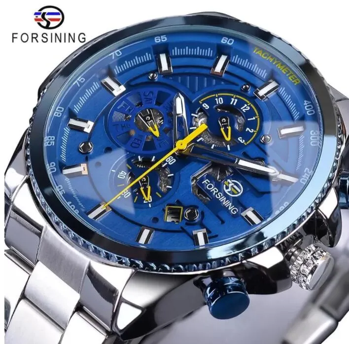 Forsining Blue Ocean Design Silver Steel 3 Dial Calendar Display Orologi da polso sportivi meccanici automatici da uomo Top Brand di lusso