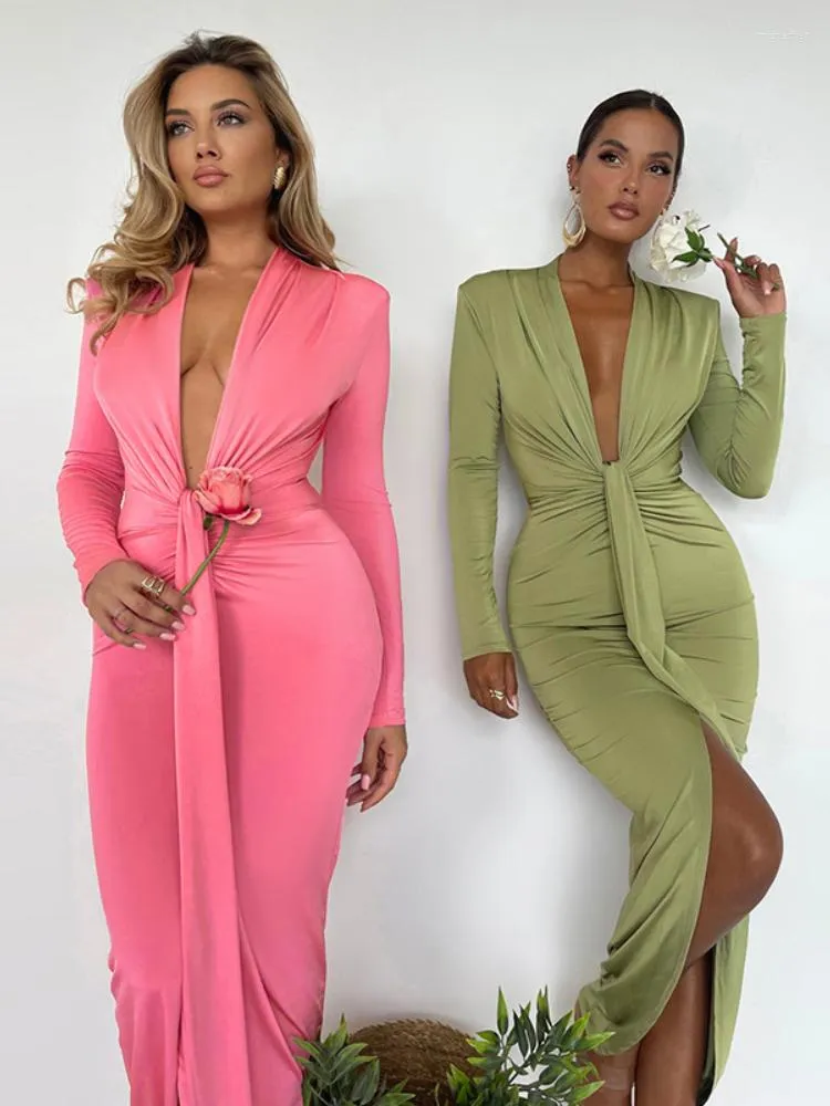 Casual jurken elegant v nek dames bodycon jurk sexy vouwen lange mouw maxi 2023 herfst winter roze club feestavond outfits