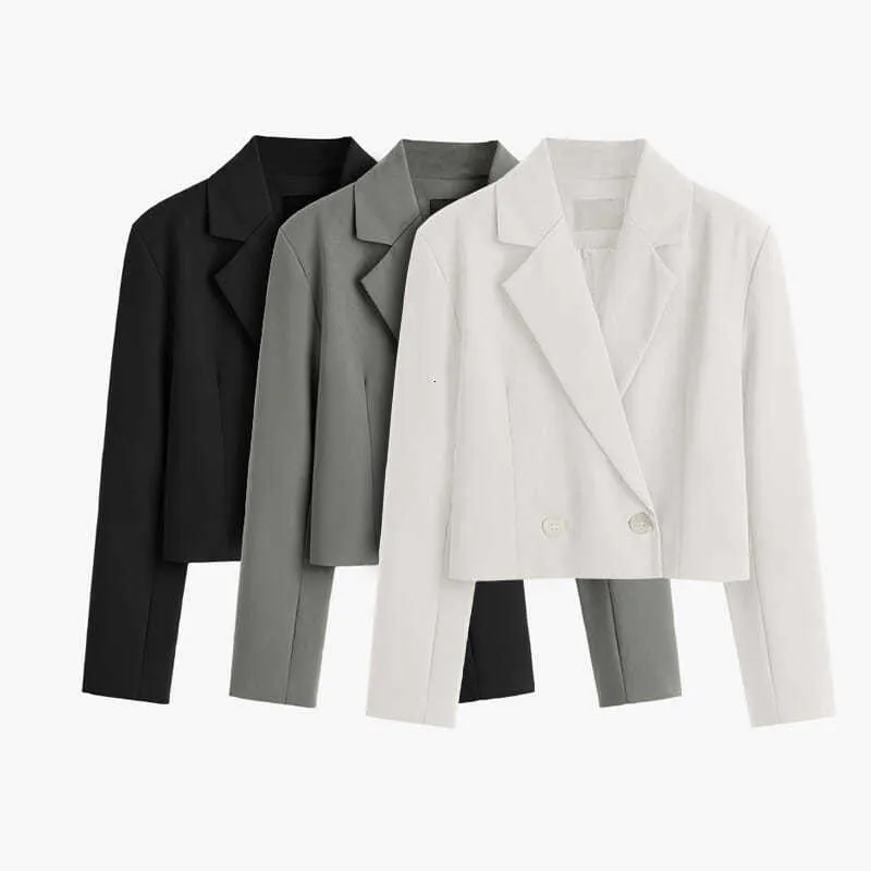 Damenanzüge-Blazer, modischer Damen-Blazer, elegant, kurz, lässig, für Büroarbeit, Vintage, einfarbig, langärmelig, gekerbter Kragen, zweireihig, Jacke 230208