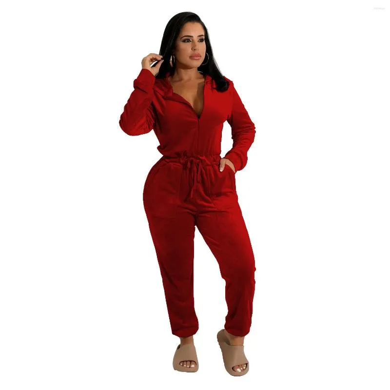 Active Sets Fall Winter Female Hooded Jumpsuit Solid Plus Size Zip Up Long Sleeve Velvet Rompers Women Sportswear Yoga Running Set