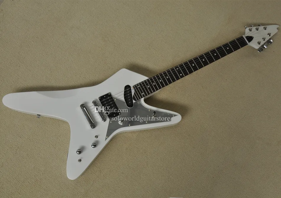 Unusual Shape White Electric Guitar with Chrome Hardware Mirror Pickguard can be customized