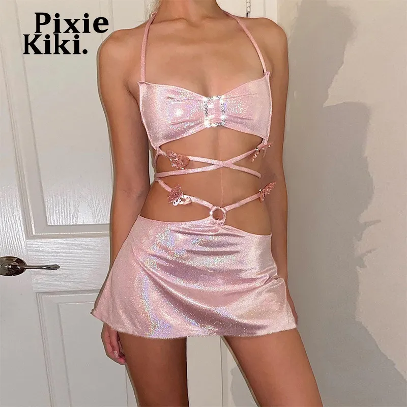 فستان من قطعة ثنائي Pixiekiki Glitter Pink Set Fairy Grunge Crop Top Mini Skirt Summer Club Sexy Club Rave Festival Outfit P82CA11 230208