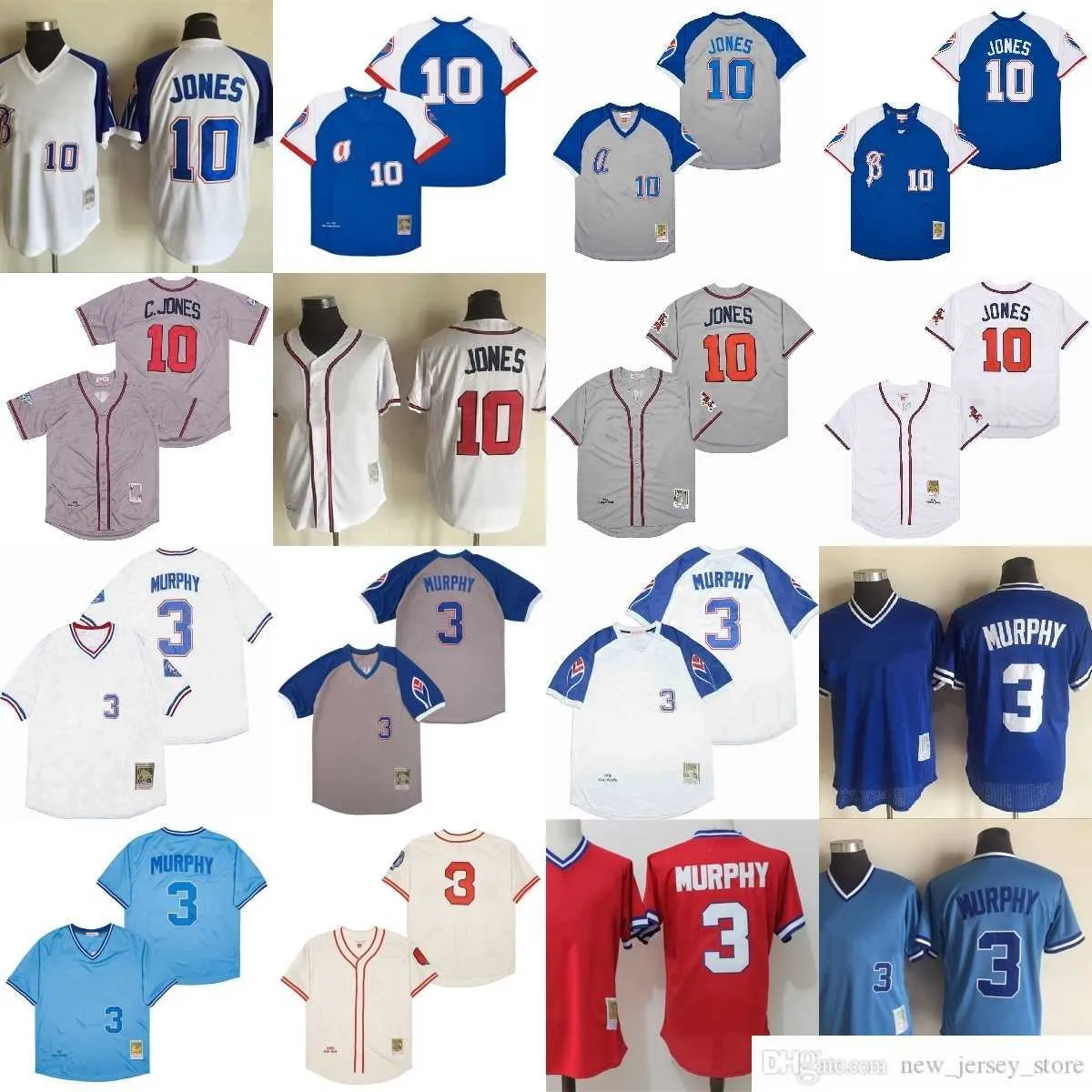 Film Vintage 10 Chipper Jones Baseball Jerseys Cousu 3 Dale Murphy Jersey Respirant Sport Blanc Bleu Gris Rouge pour homme S-XXXL