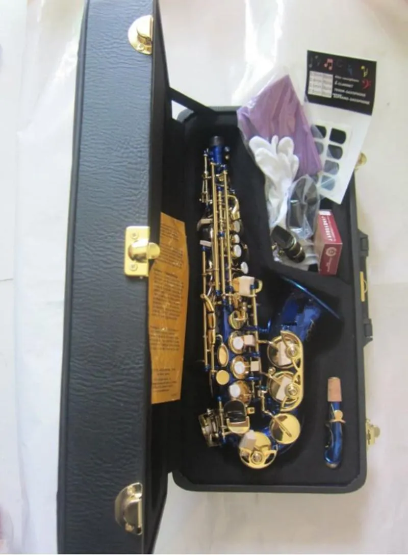 R54 petit cou incurvé saxophone soprano si plat en laiton de haute qualité saxo plaqué bleu clé en or avec embout en cuir