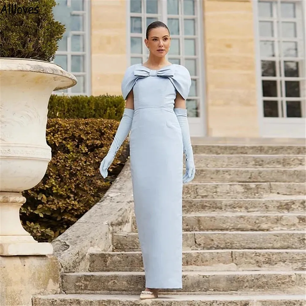 Robes de soirée bleu ciel clair pour femmes avec mancherons classiques, nœud droit, longues et simples, robes de bal en satin, Vintage, dos fendu, occasions spéciales, vêtements de cérémonie CL1806