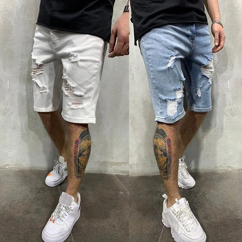 Mens white shop ripped denim shorts