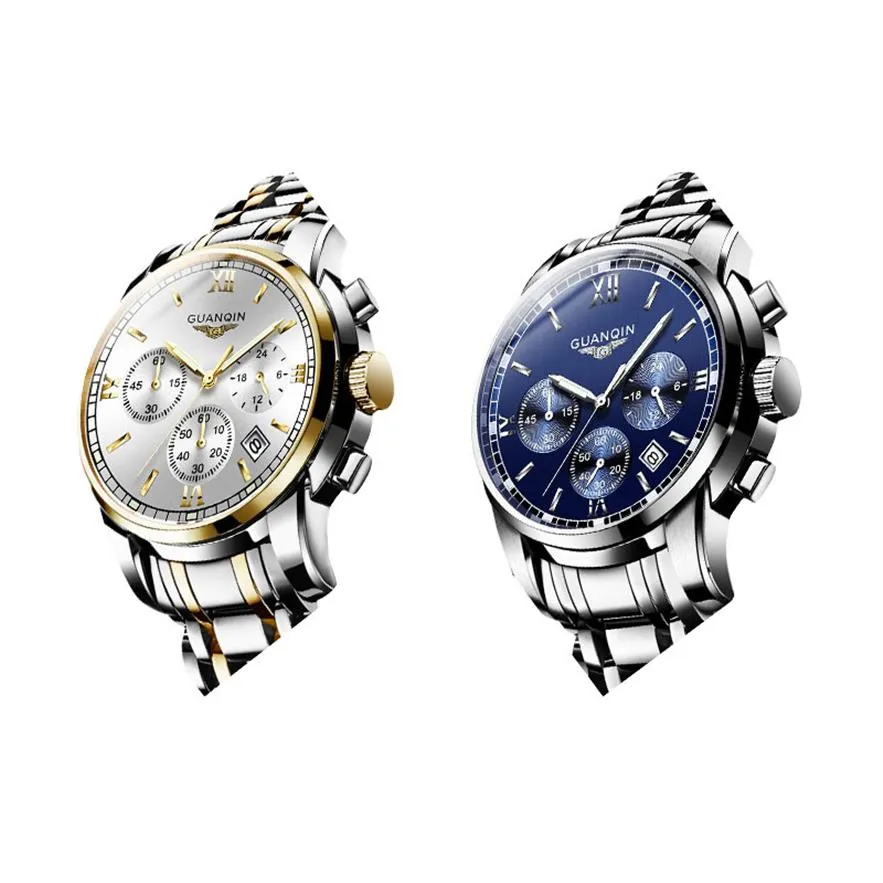 Guanqin Men Watchs防水ビジネスシンプルなスチールバンドメンズウォッチ233S