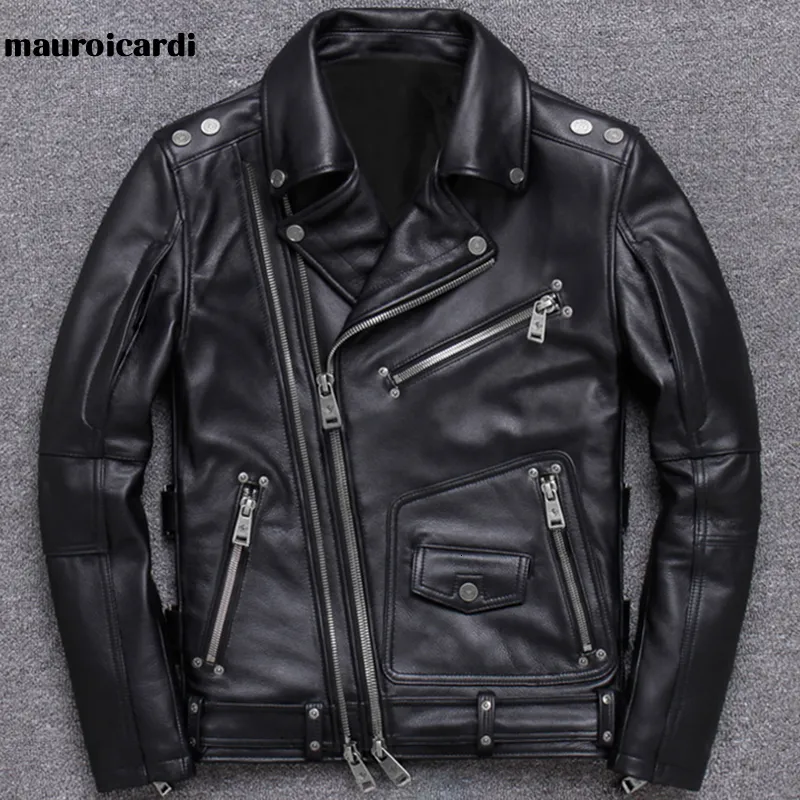 Mens couro Faux Mauroicardi Spring Black PU Motorcycle Jacket for Men Style Style Longa Manga Longa Páfeos e Casacos 230207
