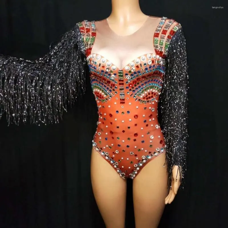 Kadınlar iki parçalı pantolon çok renkli püsküller uzun kollu sahne bodysuits kadınlar esneme rhinestone tulumları kutup dans leotard caz dj