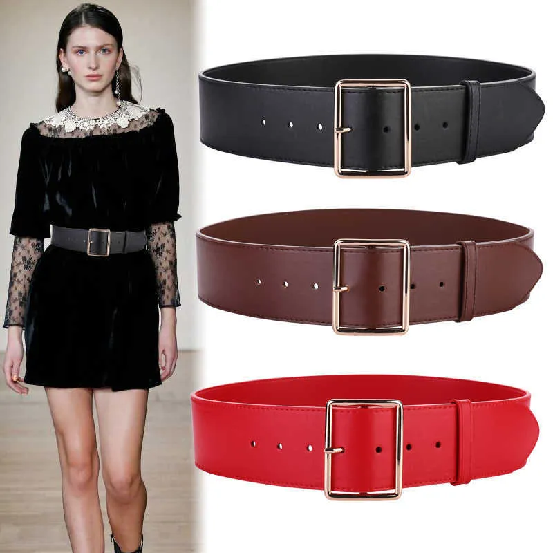 Belts Cowhide Wide Belts Lady Windbreaker Skirt Gold Pin Buckle Belt Black Solid Genuine Leather Waist Strap Girl Party Dress Decorate G230207