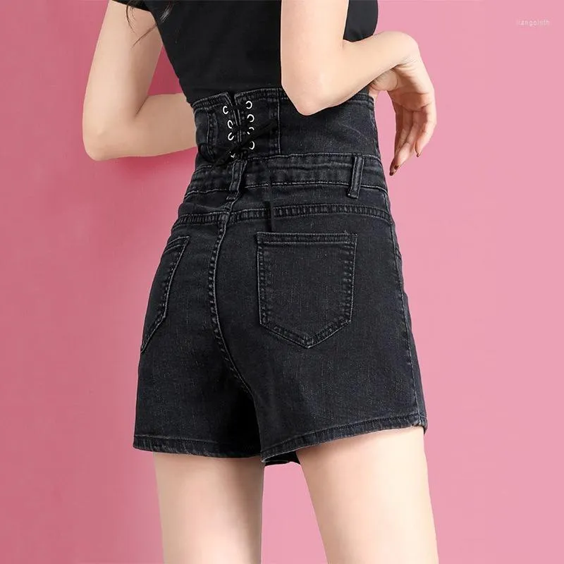 Shorts pour femmes multi-boutons noir Denim été femmes Sexy dos à lacets Design taille haute pantalon blanc a-ligne ample jean droit