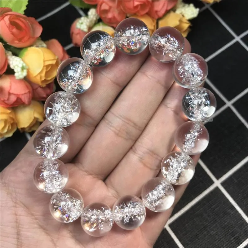 Link Bracelets Chain 14mm Natural Himalaya Rock Crystal Bracelet Jewelry For Women Lady Men Powerful Snow Round Beads Rare Gemstone