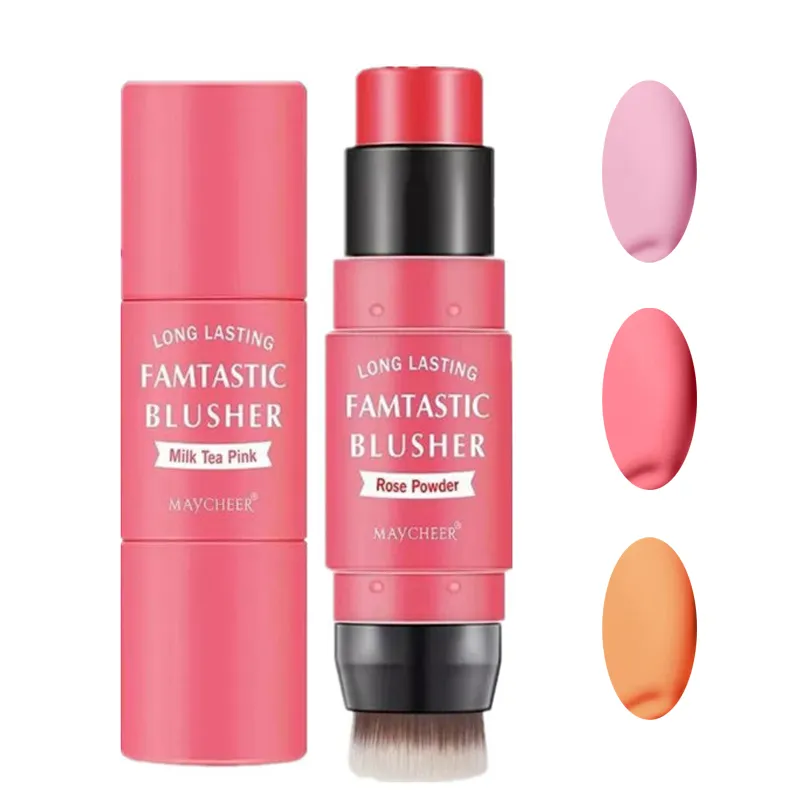 Famtastic Cream Blush Stick with Brush Waterproof Long Lasting Face Blusher 3 In 1 Cheek Blush & Lip Tint & Eye Shadow Makeup