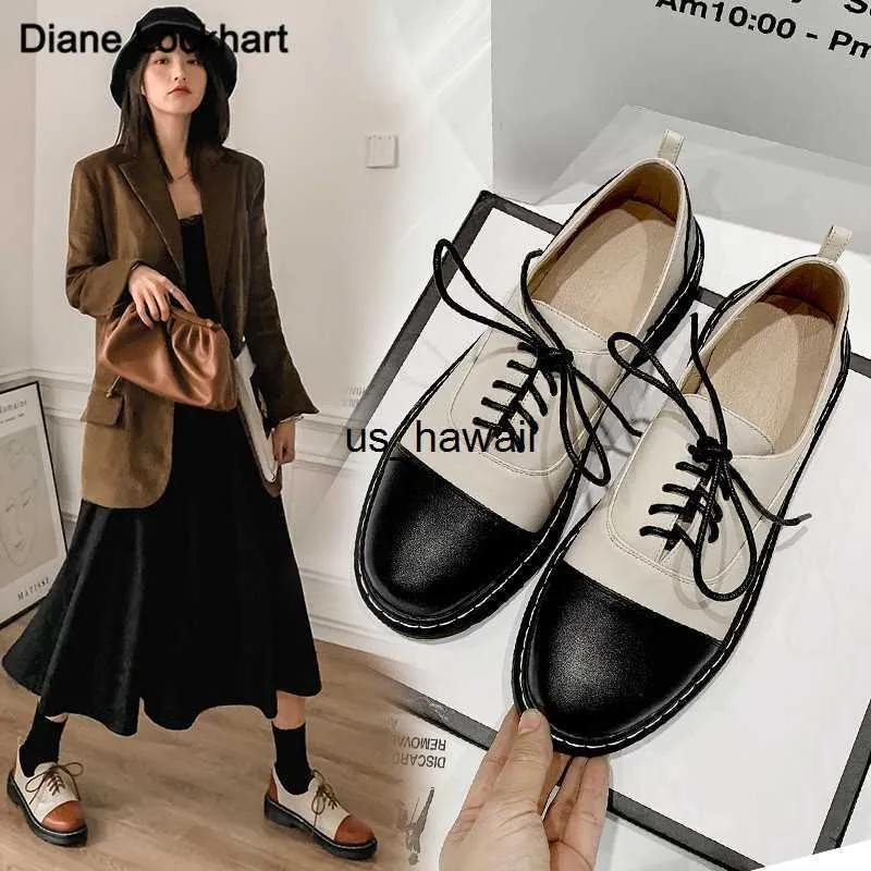 Klänningskor 2022 Fashion Spring Oxford Flats Woman Lace-Up Round Toe Loafers läder Derby Shoes New British Women Thick Heel Shoes 33 34 41 T230208
