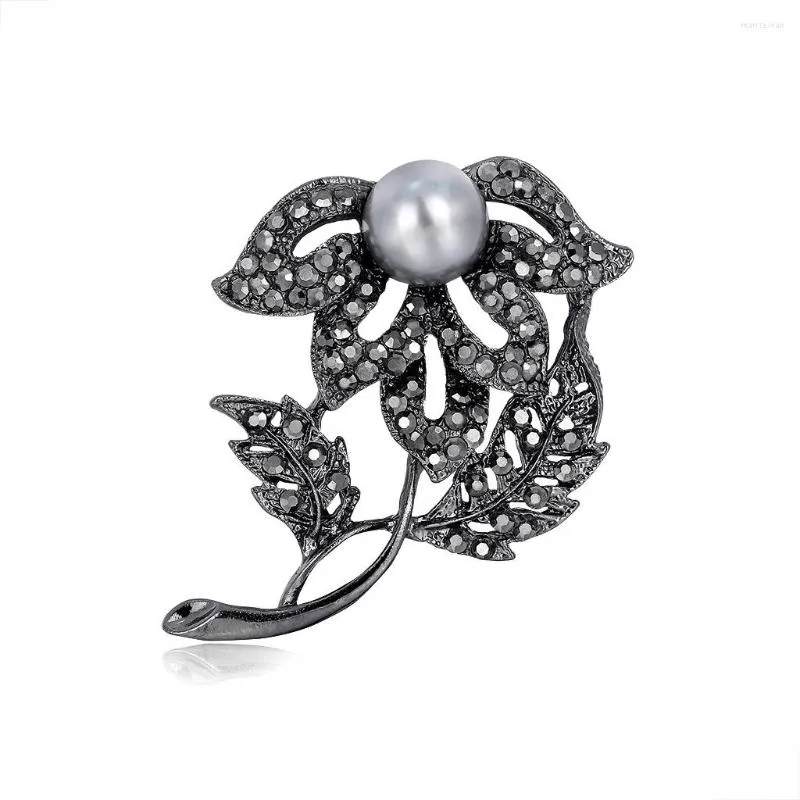 Brooches Vintage Brooch Black Rose Flower Pearl For Women Elegant Tulip Bouquet Pins Wedding Party Badge Jewelry