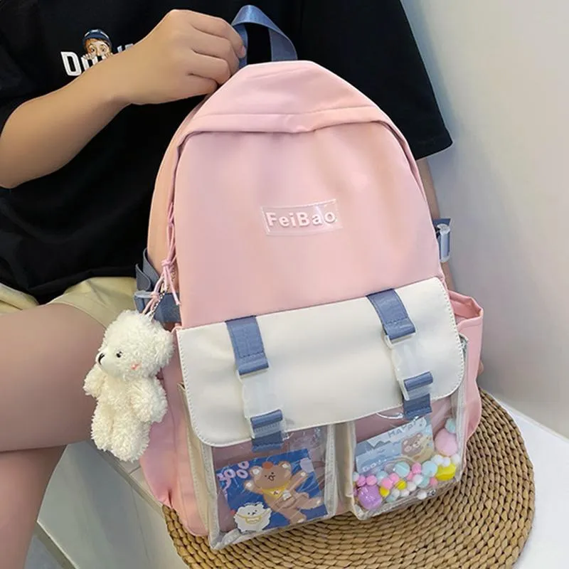 Schultaschen EST Kontrastfarbe Stickerei Buchstaben Großer Nylon Rucksack Mädchen Schultern Rucksack Weibliches getäfeltes Buch Kawaii Bär