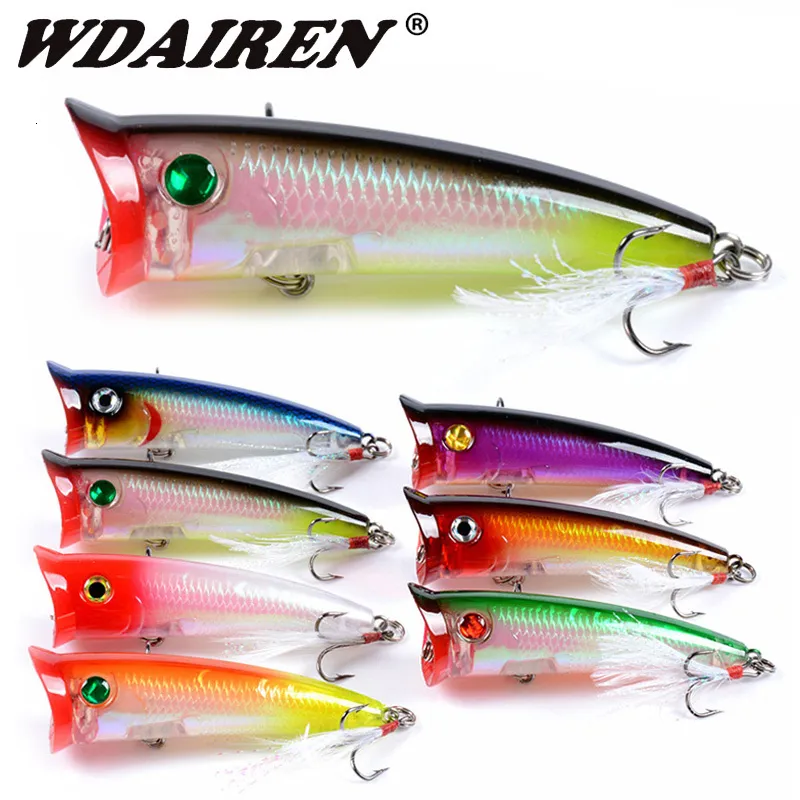 Baits Lures 7pcs Fishing set Mixed 7 colors Topwater Popper Bait Artificial Make Good Plastic With Feather hook Wobbler Tackle 230208