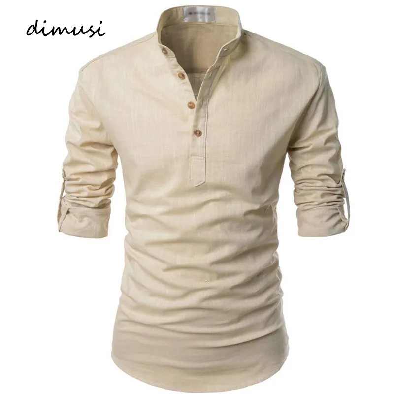 Mens Casual Shirts DiMusi Linen Långärmad knapp Solid Loose Autumn Dress Henley Fashion Man Brand Clothes 230208