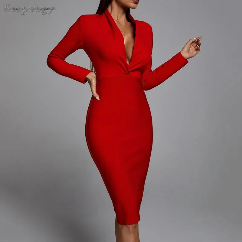 Casual Dresses High Quality Black Red White Women's Long Sleeve V-neck Bodycon Bandage Dress Sexy Celebrity Party 2023 Autumn