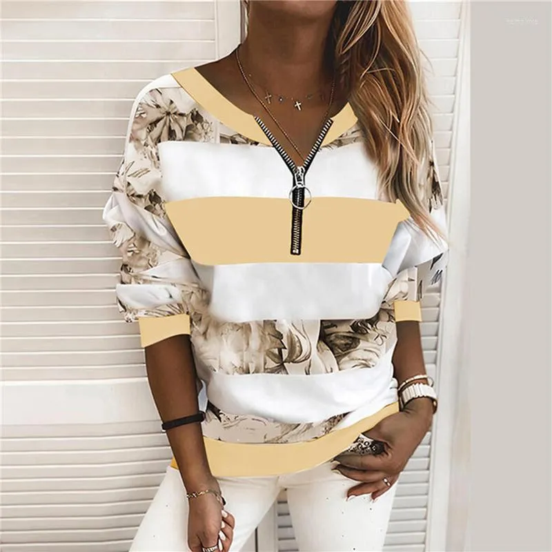 T-shirt da donna camicetta moda donna stampa floreale a righe scollo a V cuciture zip manica lunga felpa pullover di alta qualità