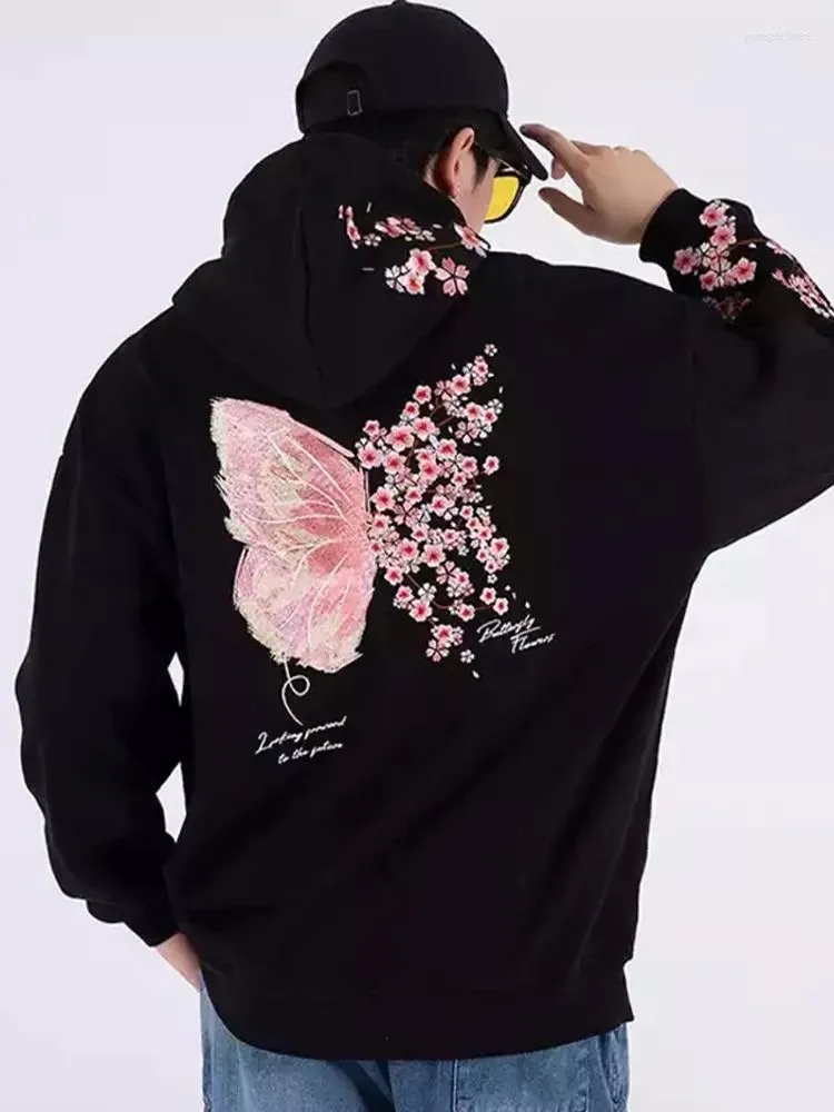 Moletons masculinos Butterfly cereja flor bordando moletons harajuku streetwear tian guan ci pullovers de estilo chinês s772