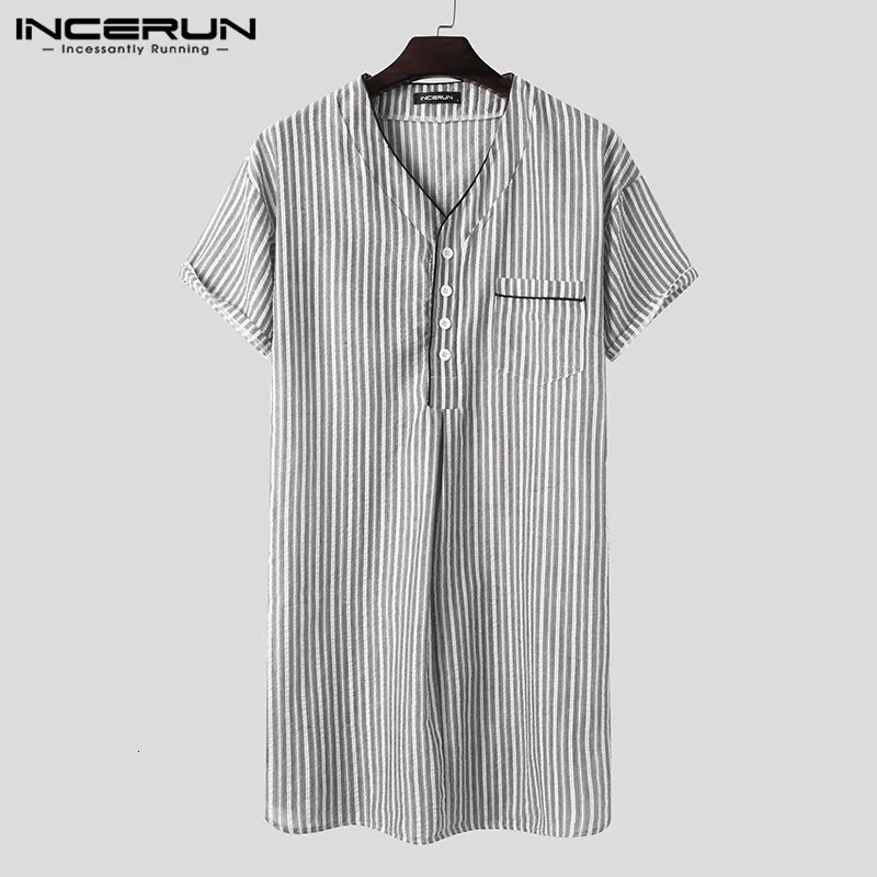 Men's Robes INCERUN Leisure Striped Homewear Men Cotton Sleepwear Summer Short Sleeve V Neck Nightgown Breathable Comfy Nightwear Plus Size 230207