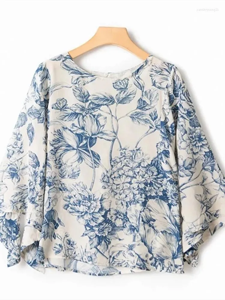 Blouses feminina Mulheres Mulheres de três quartos de manga Camisas de impressão azul e branco Porcelana Vintage Ladies O-Gobes Top 2023 Primavera Verão