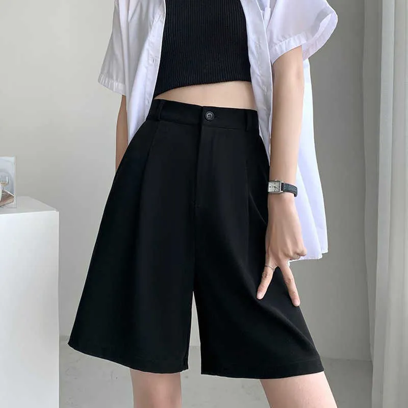 Women's Shorts Black Suit Summer Thin Loose Five-point Pants High Waist Wide Leg Casual Straight Lady Office Elegant Y2302