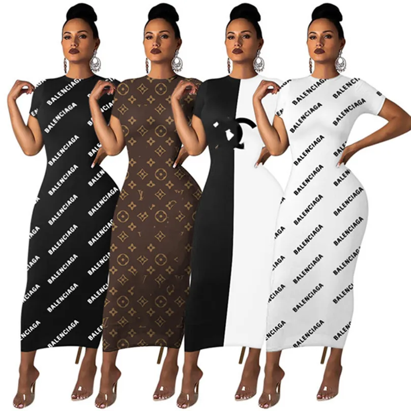 Tasarımcı Marka Elbiseleri Yaz Kadınlar Kısa Kollu Bodycon Maksi Elbise 2x Moda Siyah Beyaz Panelli Baskı Etek Seksi Gece Kulübü Partisi Giyim Bahar Kıyafetleri 2780-8