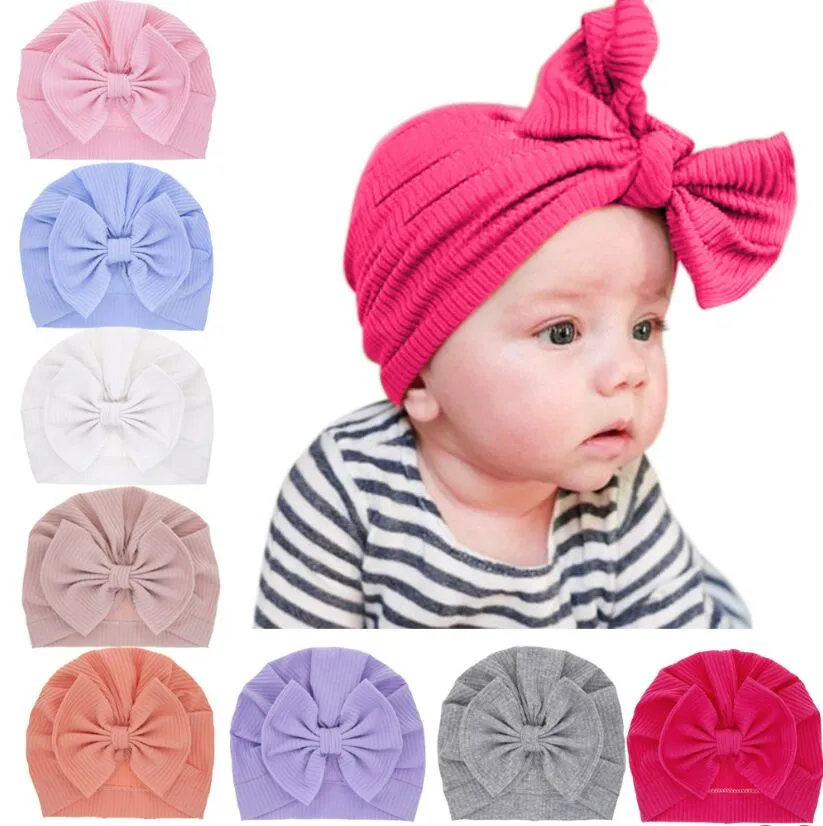 Ins 8 kleuren mode baby beanie cap boog knoop haar accessoires cap baby tulband hoeden pure kleur