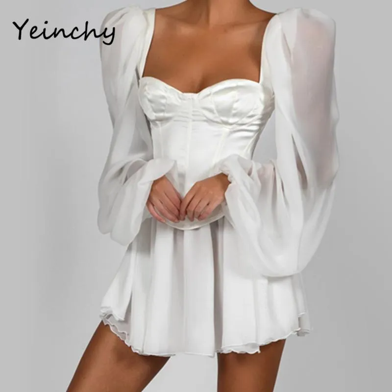 Casual Dresses Yeinchy Women Sexy V Neck Backless Long Lantern Sleeve Folds Zipper White Dress FM6301