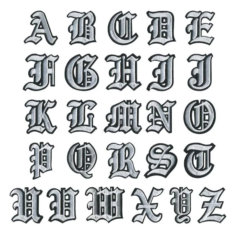 Uppfattningar 52 stycken j￤rn p￥ bokstavslappar gotiska svarta r￶da bokst￤ver patch alfabet broderade applikationer m￤rke a-z f￶r hattar jeans v￤skor ryggs￤ckar