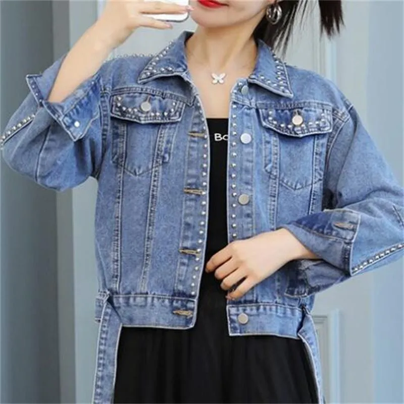 Kvinnorjackor Spring Autumn Rivet Blue Denim Jacket Kläd Temperament Trend Coat Women Jackorwomen's