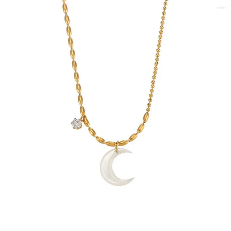 Chains 2023 Simple Style Natural Shell Moon 3A Zircon Beaded Chain Necklaces For Women Jewelry Waterproof 18K Plated