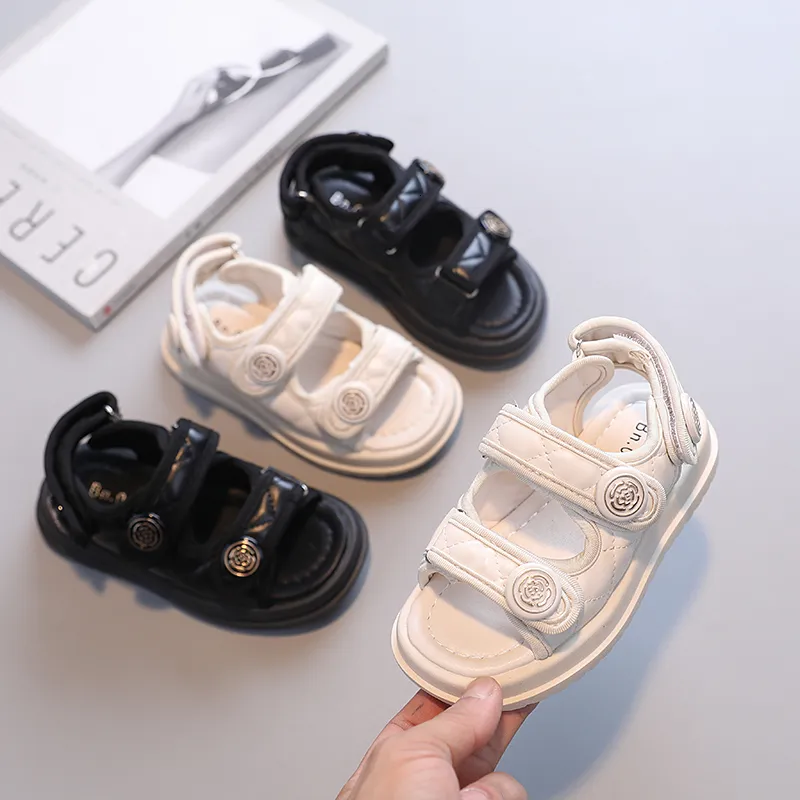 Sneakers Children Summer Sandals Chic Girls Casual Sandals Solid Black Kids Fashion Princess Japanese Style Flowers Buckle 230208