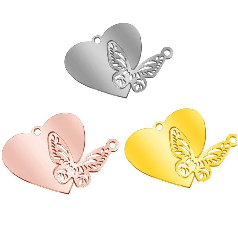 Encantos de acero inoxidable 25 36 Corazón de melocotón Mariposa Combinación Colgante Pareja Encanto Para Diy Joyería Accesorios encantos Gota Del Dhkbp