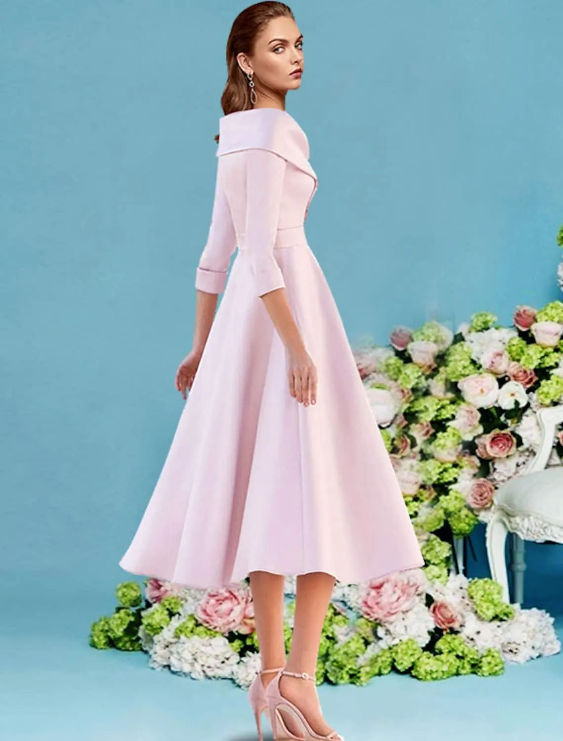 pink tea dress Pink Tulle Off-shoulder Tea Length Formal Dress