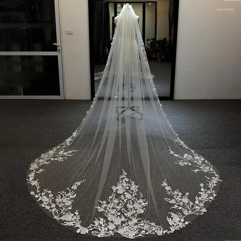 Véu de noiva de 300 cm de casamento véu com pente de tule macio renda 3d apliques florais de uma camada Comprimento da catedral