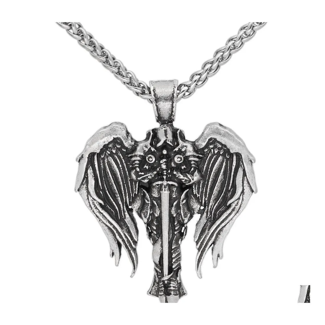 Collane con ciondolo Collana di gioielli da uomo vintage di moda Argento antico Tono in acciaio inossidabile Angelo Punk Rock Pendenti con consegna a goccia Dhyeb